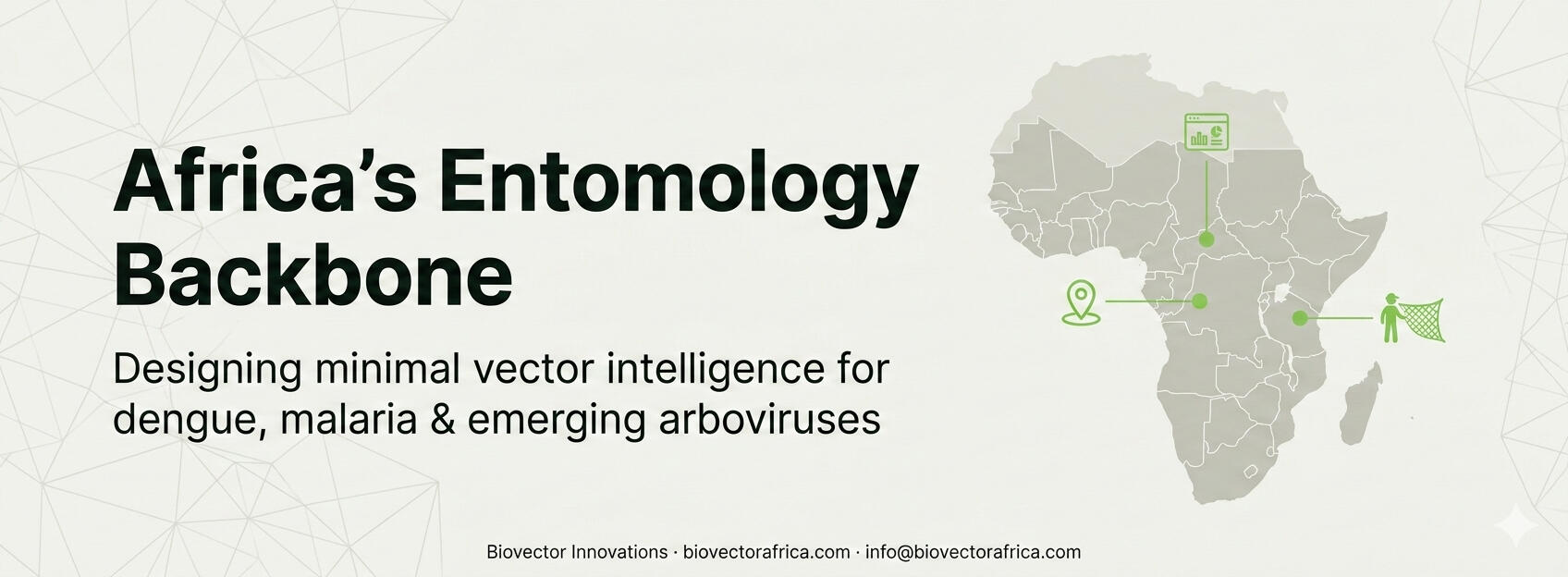 Dengue’s expansion in Sub-Saharan Africa — strategic surveillance & diagnostics priorities. Stylized map of Sub-Saharan Africa with highlighted hub nodes and three system icons for Diagnostics, Data, and Entomology.
